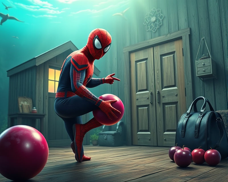 spiderman, bowling ball, seahorse, cabin, bag, plum